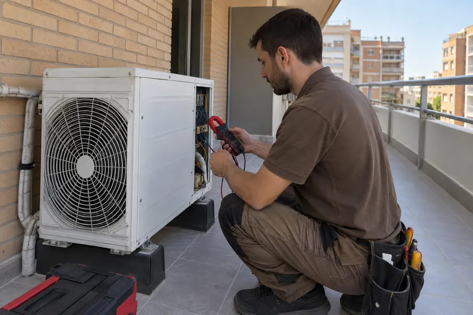 Técnico comprobando una unidad exterior de aire con un instrumento de medida