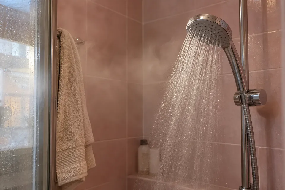 Agua saliendo de una ducha en un baño con azulejo rosado