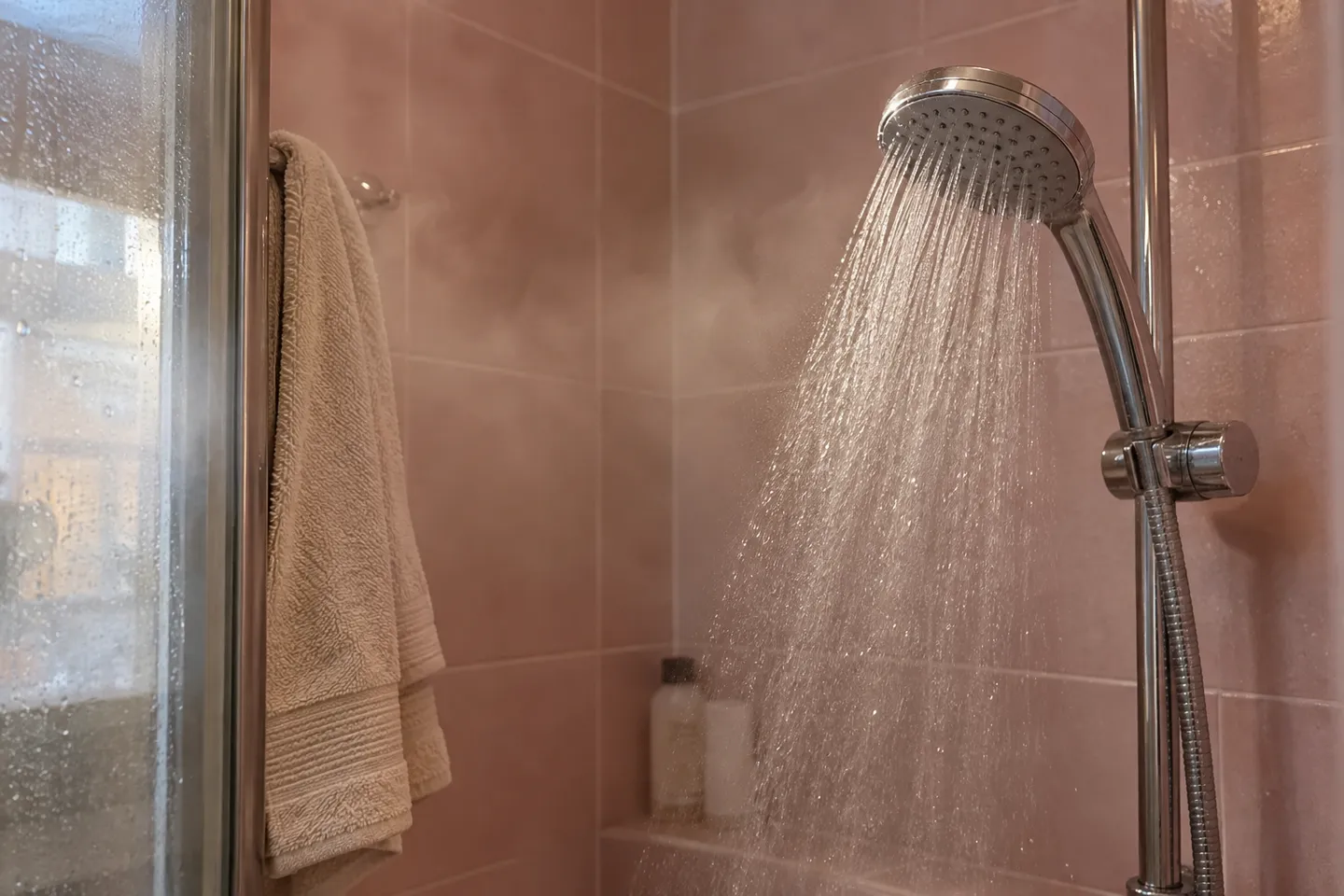 Agua saliendo de una ducha en un baño con azulejo rosado