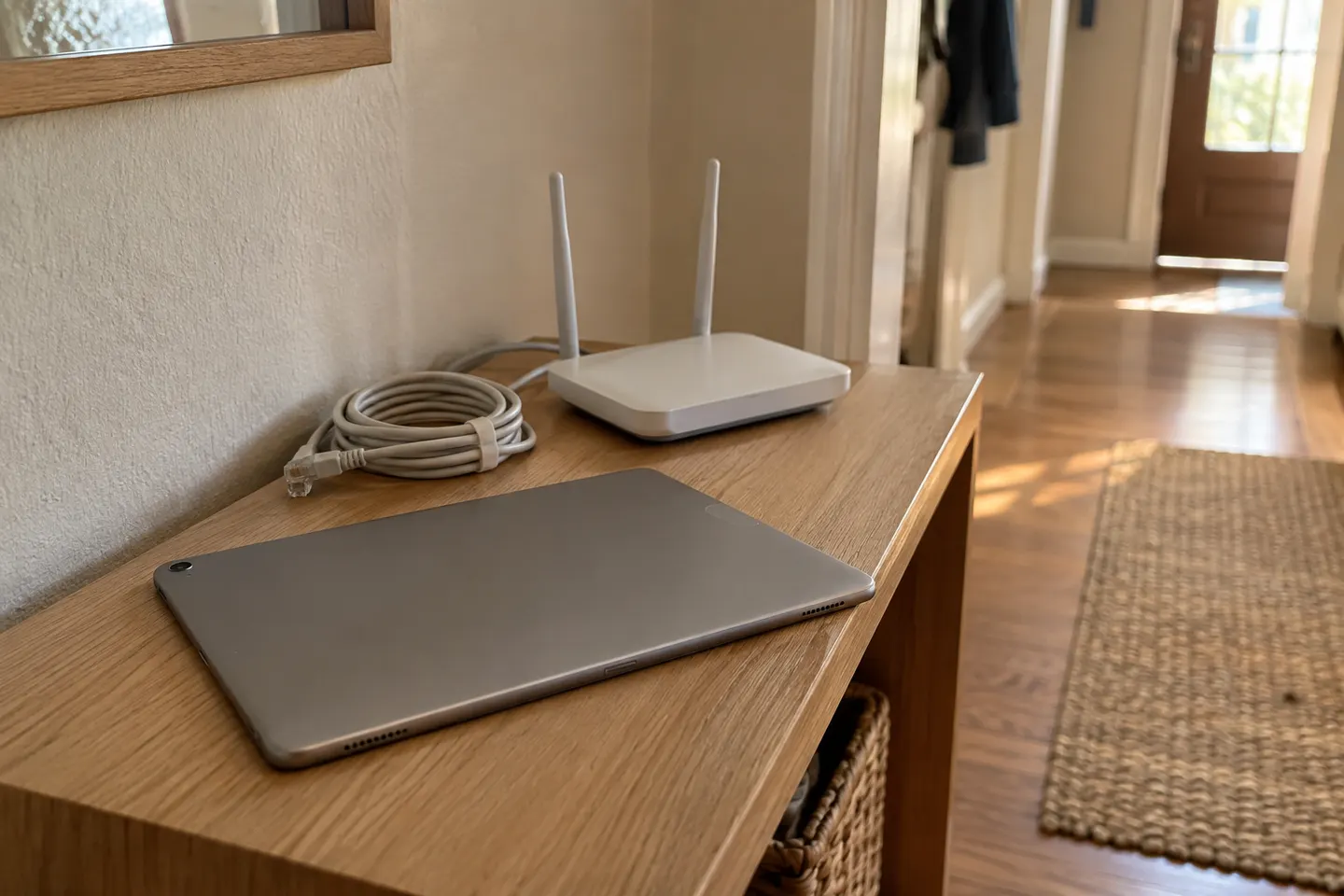 Equipo portátil y router sobre una estantería de vivienda