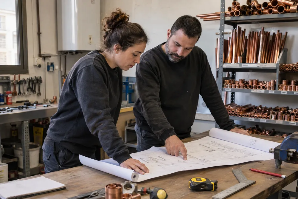 Dos profesionales revisando un plano de calefacción sobre una mesa de taller