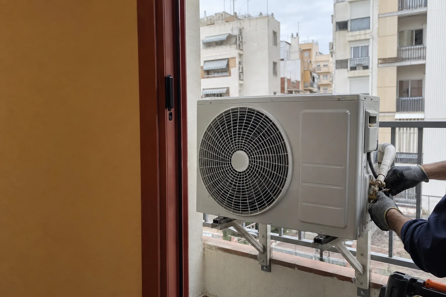 Revisión de conexiones de una unidad exterior de aire acondicionado en un balcón